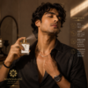 Man applying Imperial Agarwood perfume on neck by Mandakani Perfumers
