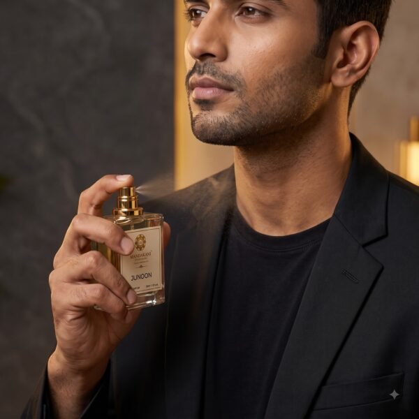 Junoon Eau de Parfum Application – Mandakani Perfumers Male model applying Junoon Eau de Parfum by Mandakani Perfumers on body and clothing