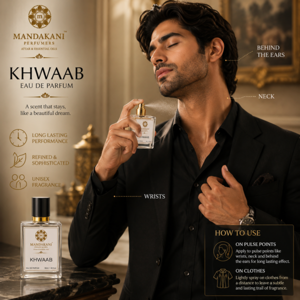 Khwaab Perfume – How to Apply Eau De Parfum Model applying Khwaab Eau De Parfum on pulse points and clothes