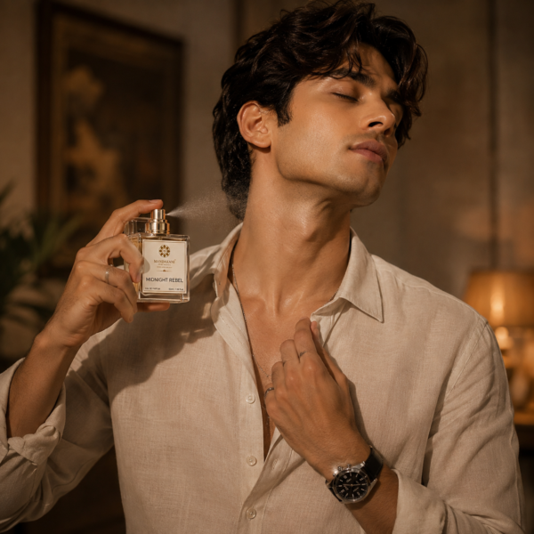 How to Apply Midnight Rebel Eau de Parfum Male model applying Midnight Rebel Eau de Parfum by Mandakani Perfumers to pulse points and clothing