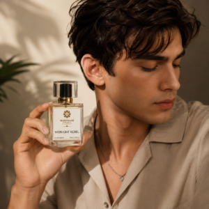 Midnight Rebel Eau de Parfum for men by Mandakani Perfumers with male model holding 50ml perfume bottle