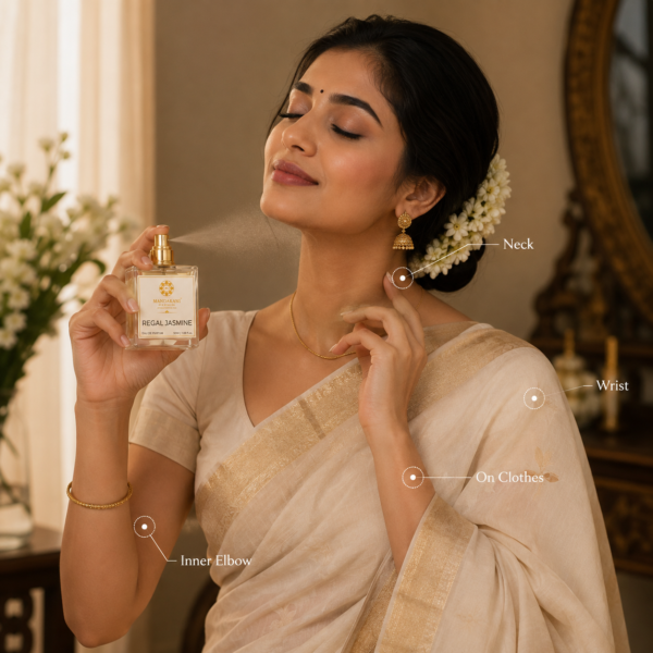Woman applying Mandakani Regal Jasmine Eau de Parfum 50ml to pulse points and clothing