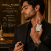 Royal Amber Perfume – How to Apply on Body & Clothes Male model applying Royal Amber Eau de Parfum on pulse points and clothing