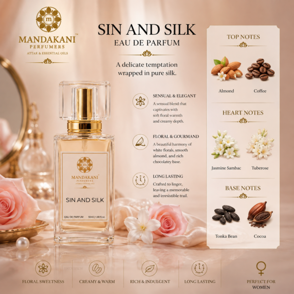 Sin and Silk floral gourmand perfume notes with almond coffee jasmine sambac tuberose tonka bean and cocoa