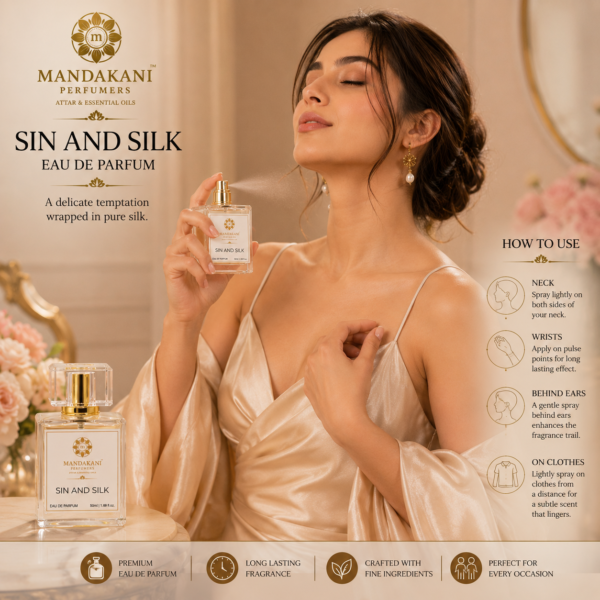 Woman applying Sin and Silk Eau de Parfum on pulse points and clothing