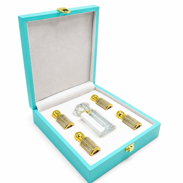 luxury-perfume-gift-box-turquoise-mandakani Turquoise luxury perfume gift box with premium fragrance bottles