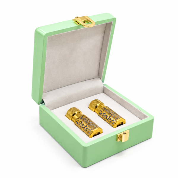 Mint green premium attar gift box closed view with gold clasp