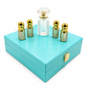 Turquoise luxury perfume gift box with premium fragrance bottles